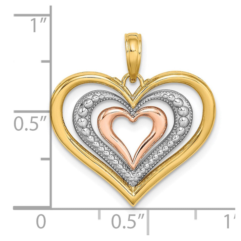 14K Bicolor Gold mit Weißrhodinierung, strukturierter und polierter Charm mit dreifachen Herzen
