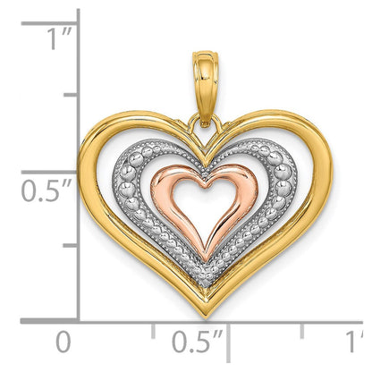 14K Bicolor Gold mit Weißrhodinierung, strukturierter und polierter Charm mit dreifachen Herzen