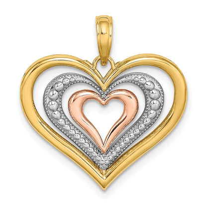 14K Bicolor Gold mit Weißrhodinierung, strukturierter und polierter Charm mit dreifachen Herzen