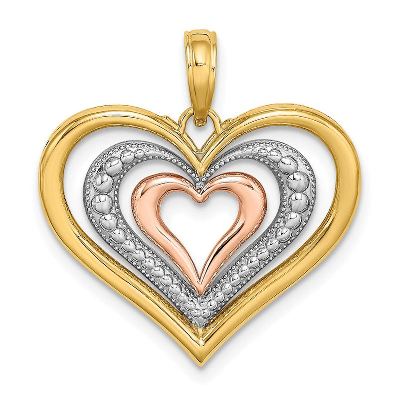 14K Bicolor Gold mit Weißrhodinierung, strukturierter und polierter Charm mit dreifachen Herzen