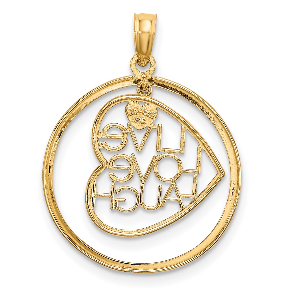 14K Gelb & Rhodium mit Rhodium Leben Liebe Lachen Herz Dangling in Kreis Charm