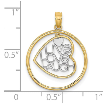 14K Gelb & Rhodium mit Rhodium Leben Liebe Lachen Herz Dangling in Kreis Charm