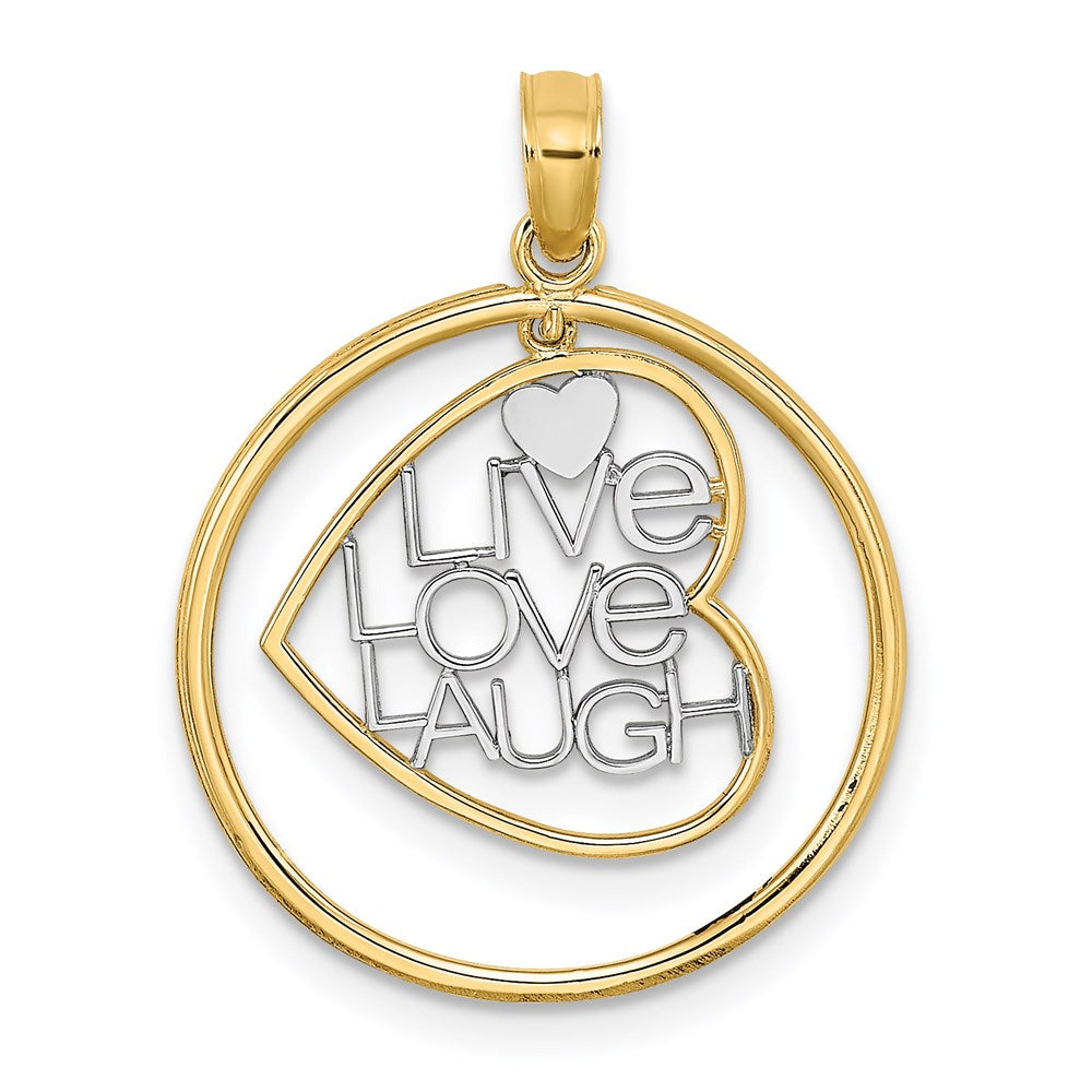 14K Gelb & Rhodium mit Rhodium Leben Liebe Lachen Herz Dangling in Kreis Charm