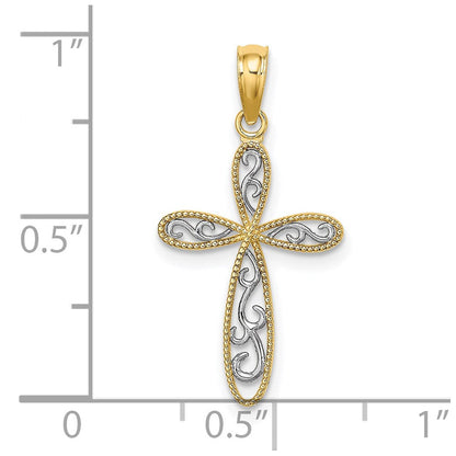 14K Gelb & Rhodium mit Filigran und Milgrain Kreuz Charm