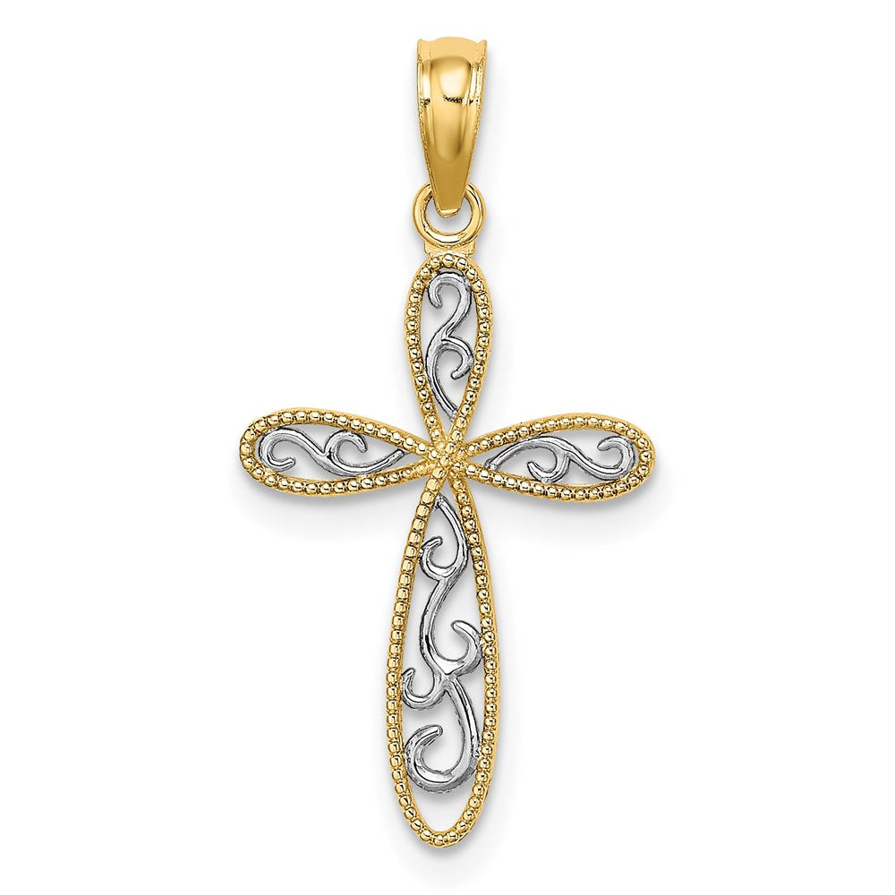 14K Gelb & Rhodium mit Filigran und Milgrain Kreuz Charm