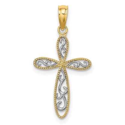 14K Gelb & Rhodium mit Filigran und Milgrain Kreuz Charm