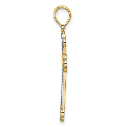 14K Gelb- und Rhodiumgold Wende-Kreuzcharm mit Rhodium und Diamantschliff