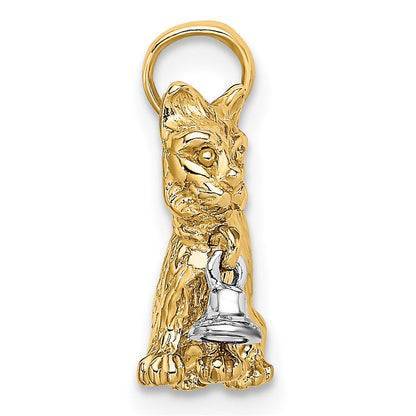 14K Bicolor-Gold 3-D-Katze mit baumelndem Glöckchen Charm
