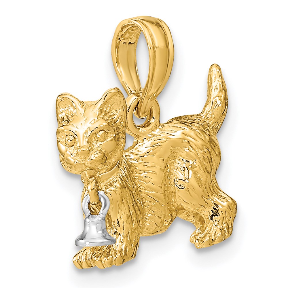 14K Bicolor-Gold 3-D-Katze mit baumelndem Glöckchen Charm