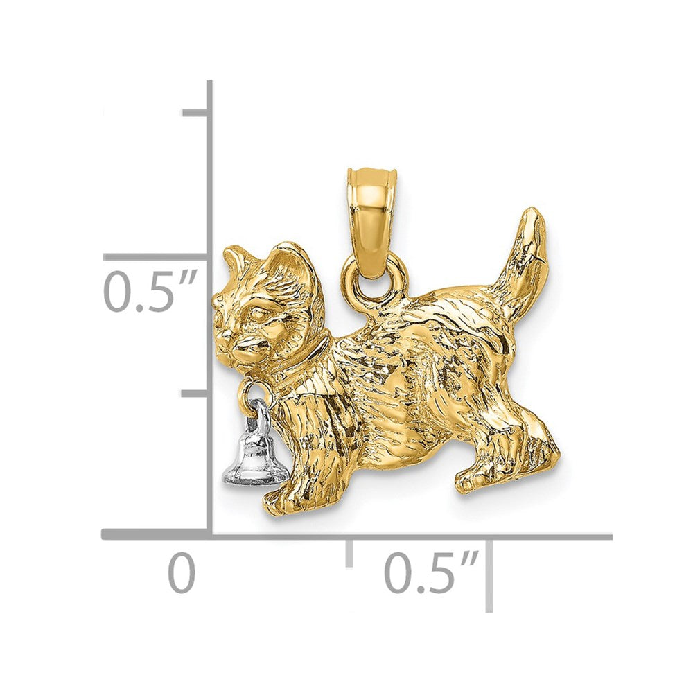 14K Bicolor-Gold 3-D-Katze mit baumelndem Glöckchen Charm