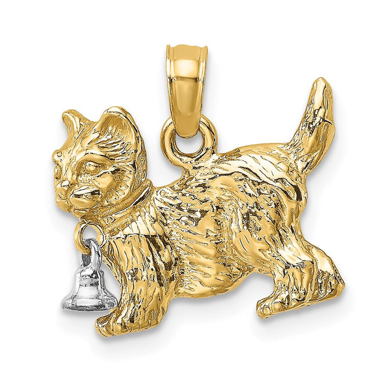 14K Bicolor-Gold 3-D-Katze mit baumelndem Glöckchen Charm