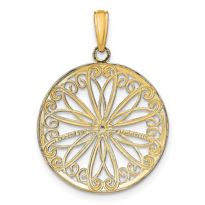 14 Karat Gelbgold mit Rhodium, mit filigranem Rhodium-Mittelteil, runder Charm