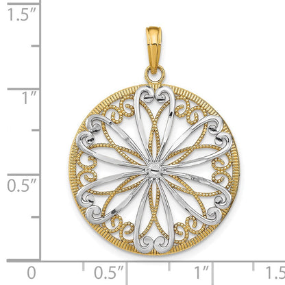 14 Karat Gelbgold mit Rhodium, mit filigranem Rhodium-Mittelteil, runder Charm