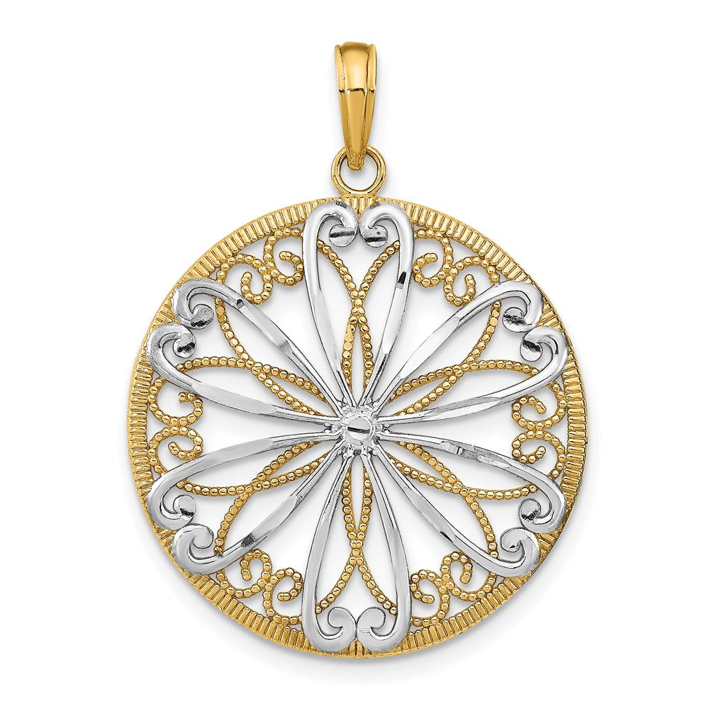14 Karat Gelbgold mit Rhodium, mit filigranem Rhodium-Mittelteil, runder Charm