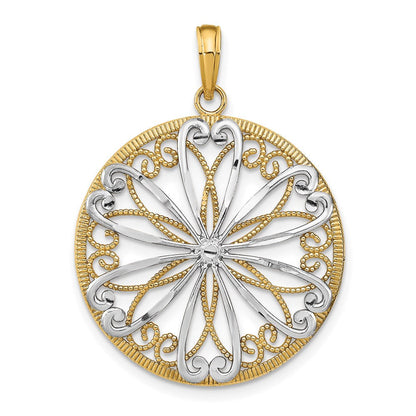 14 Karat Gelbgold mit Rhodium, mit filigranem Rhodium-Mittelteil, runder Charm