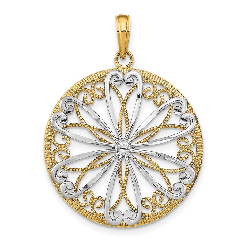 14 Karat Gelbgold mit Rhodium, mit filigranem Rhodium-Mittelteil, runder Charm