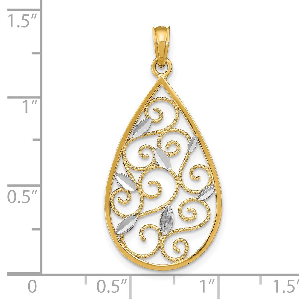 14 Karat Gelb- und Rhodiumgold mit Rhodium, Gebeadete Filigran-Teardrop-Charm mit Diamantschliff