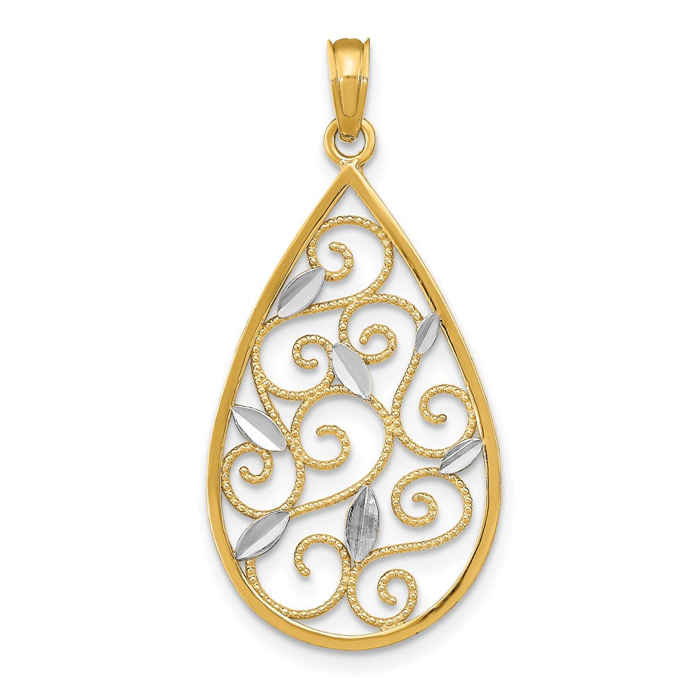 14 Karat Gelb- und Rhodiumgold mit Rhodium, Gebeadete Filigran-Teardrop-Charm mit Diamantschliff