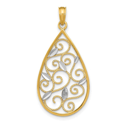 14 Karat Gelb- und Rhodiumgold mit Rhodium, Gebeadete Filigran-Teardrop-Charm mit Diamantschliff