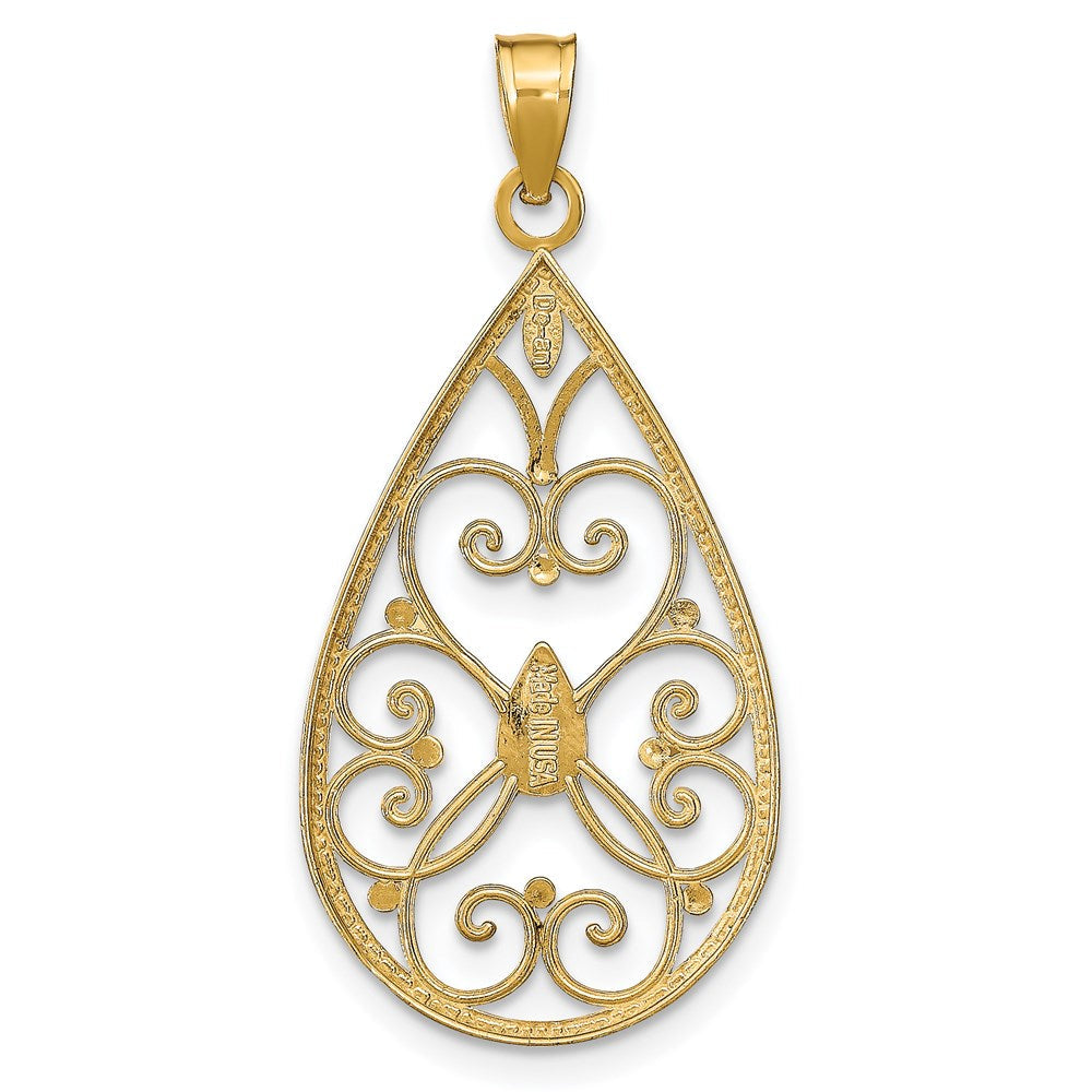14K Gelb- und Rhodiumgold Tropfen-Charm mit Rhodium, Herzmotiv, Perlrand, Filigran, diamantiert