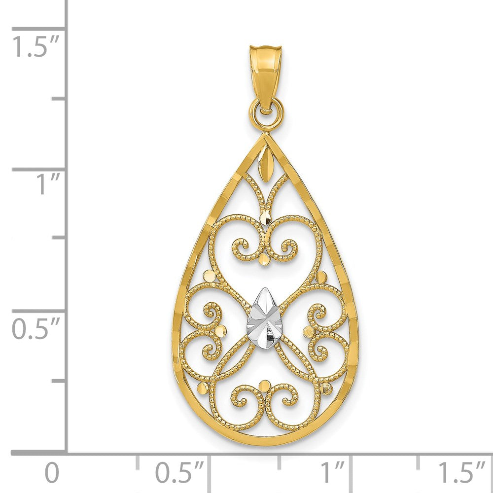 14K Gelb- und Rhodiumgold Tropfen-Charm mit Rhodium, Herzmotiv, Perlrand, Filigran, diamantiert