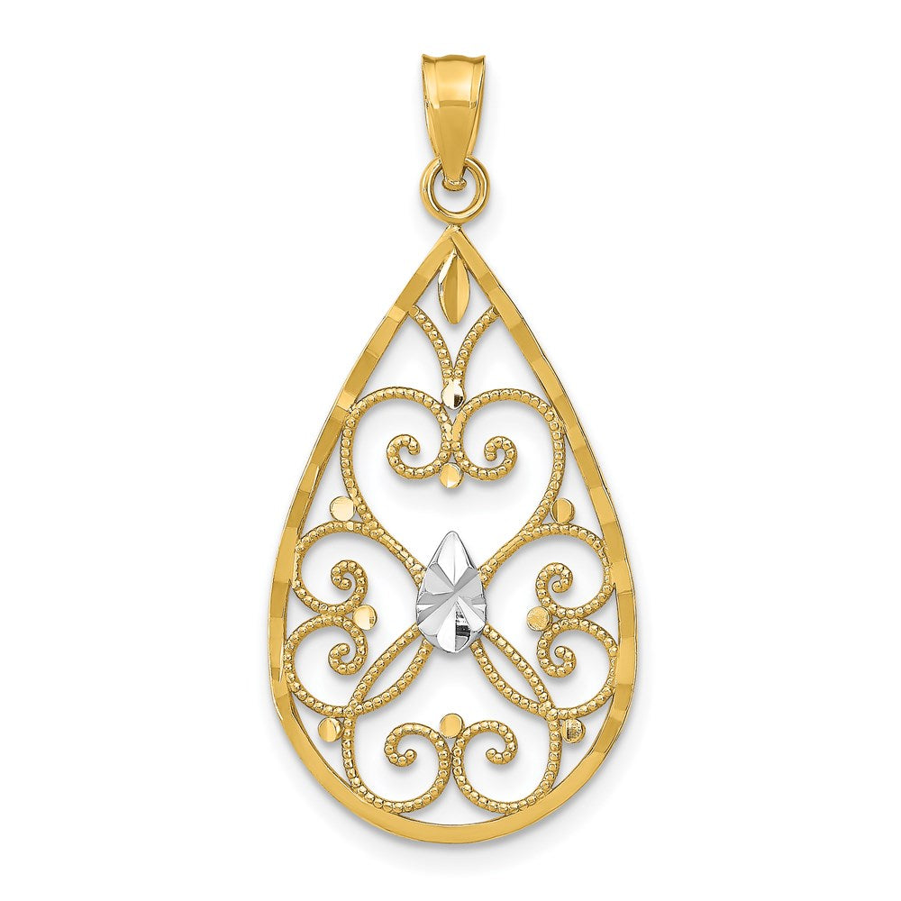 14K Gelb- und Rhodiumgold Tropfen-Charm mit Rhodium, Herzmotiv, Perlrand, Filigran, diamantiert