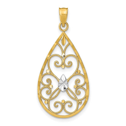 14K Gelb- und Rhodiumgold Tropfen-Charm mit Rhodium, Herzmotiv, Perlrand, Filigran, diamantiert