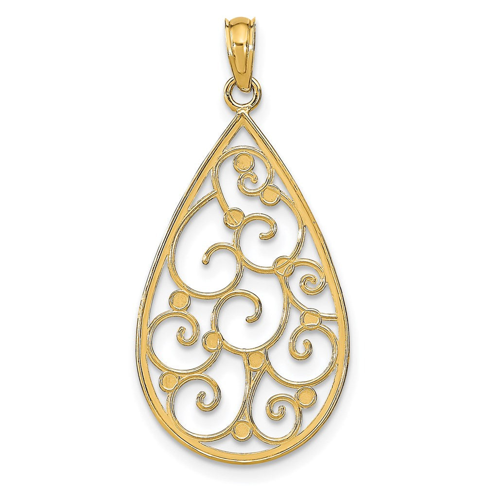 14K Gelb & Rhodium mit Rhodium Gekugelt Filigran Diamantiert Tropfen Charm