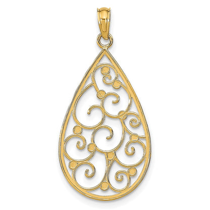 14K Gelb & Rhodium mit Rhodium Gekugelt Filigran Diamantiert Tropfen Charm