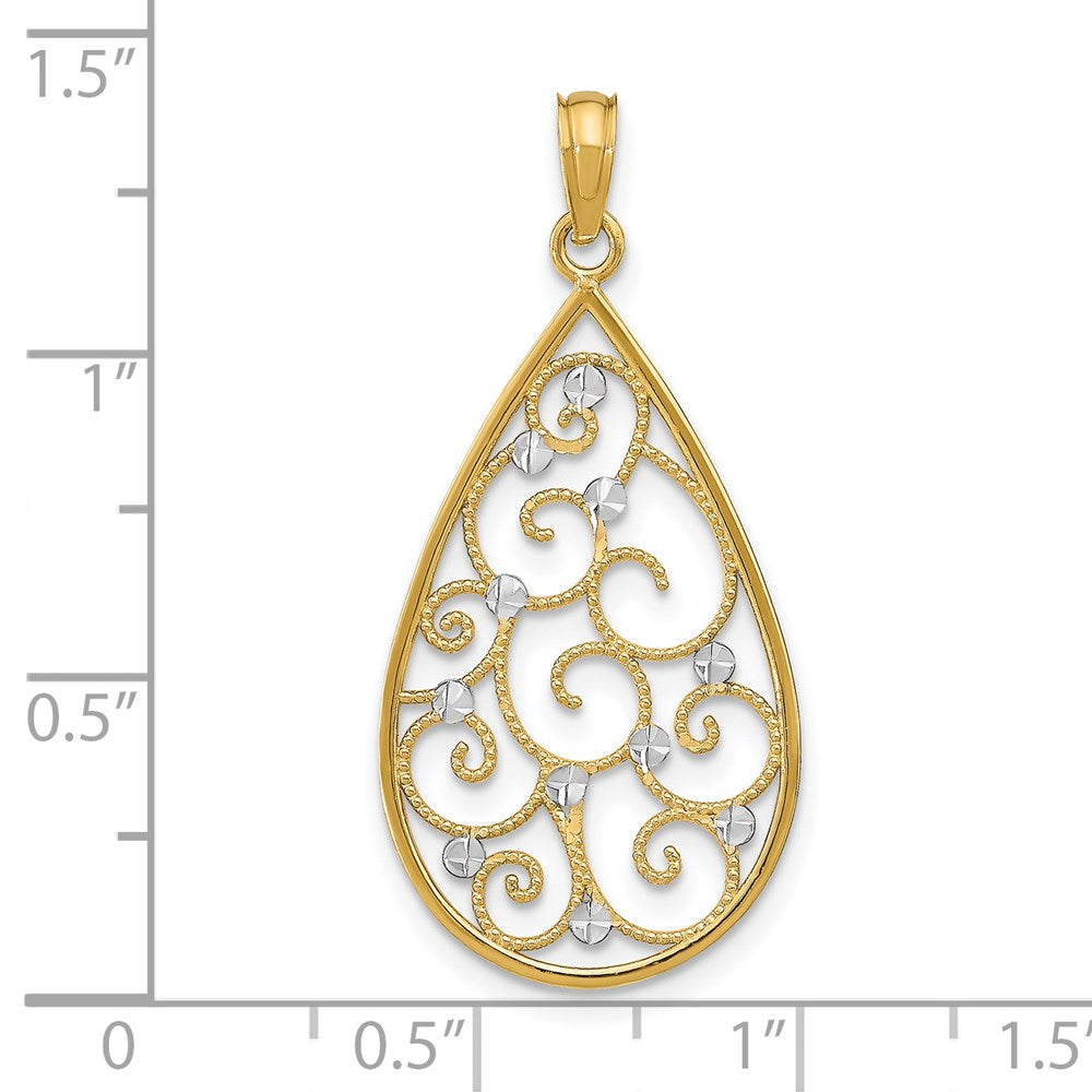 14K Gelb & Rhodium mit Rhodium Gekugelt Filigran Diamantiert Tropfen Charm