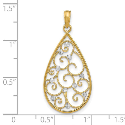 14K Gelb & Rhodium mit Rhodium Gekugelt Filigran Diamantiert Tropfen Charm