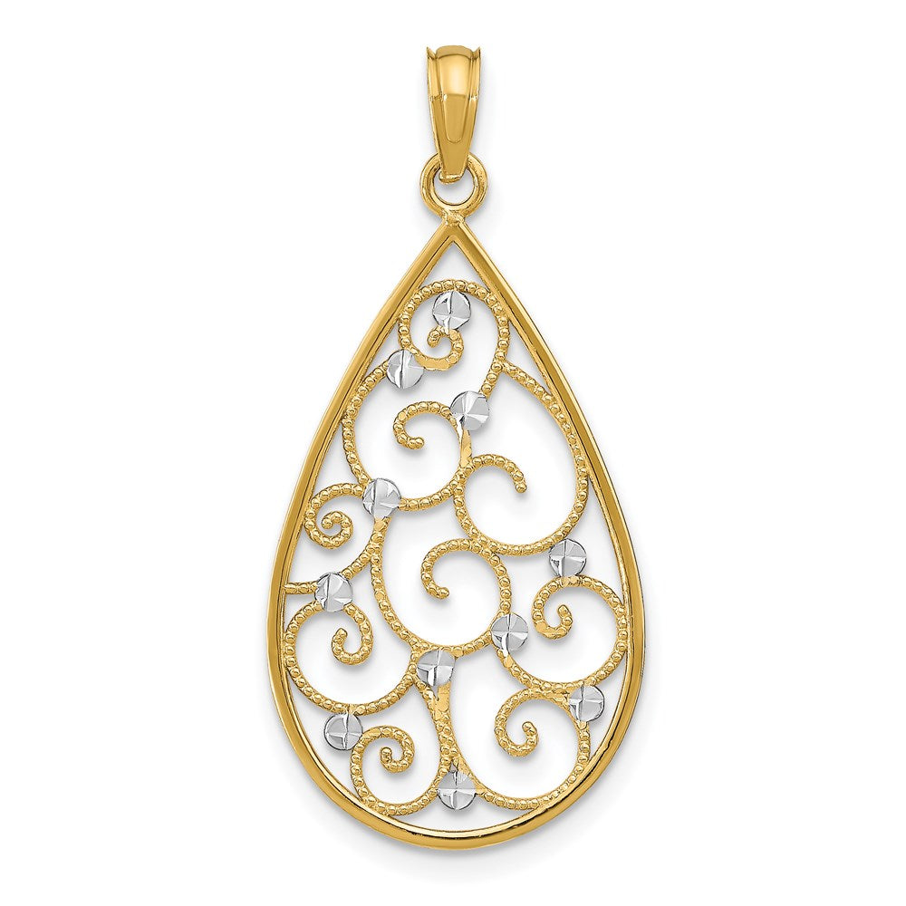 14K Gelb & Rhodium mit Rhodium Gekugelt Filigran Diamantiert Tropfen Charm
