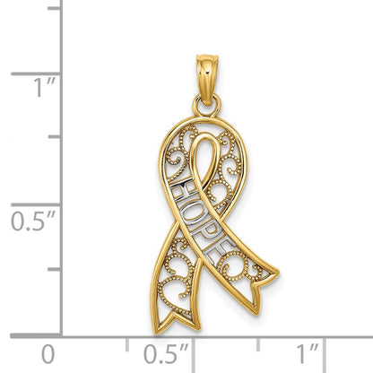 14K Gelb & Rhodium mit Rhodium Filigran Schleife Hoffnung Charm
