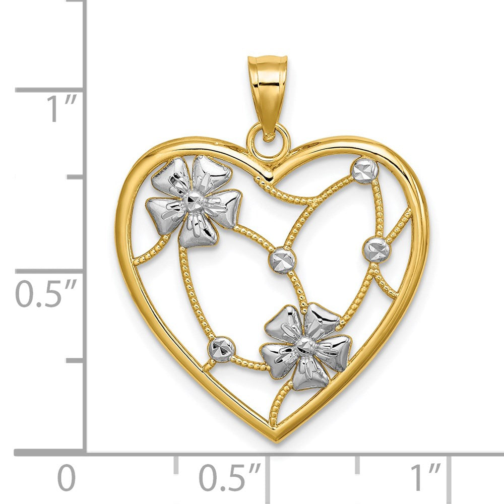 14K Gelb- und Rhodiumgold-Charm mit Rhodium-Blumen im Herz