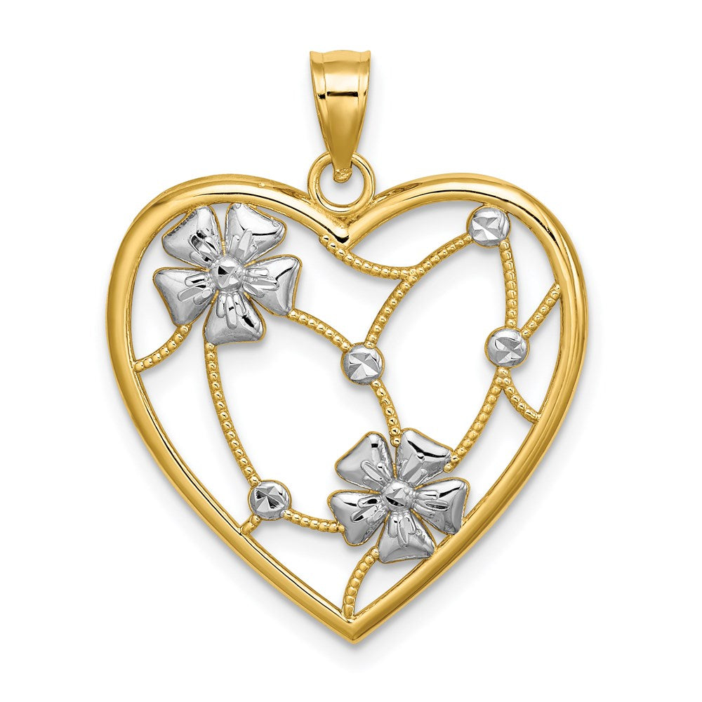 14K Gelb- und Rhodiumgold-Charm mit Rhodium-Blumen im Herz