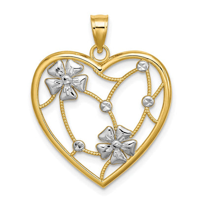 14K Gelb- und Rhodiumgold-Charm mit Rhodium-Blumen im Herz