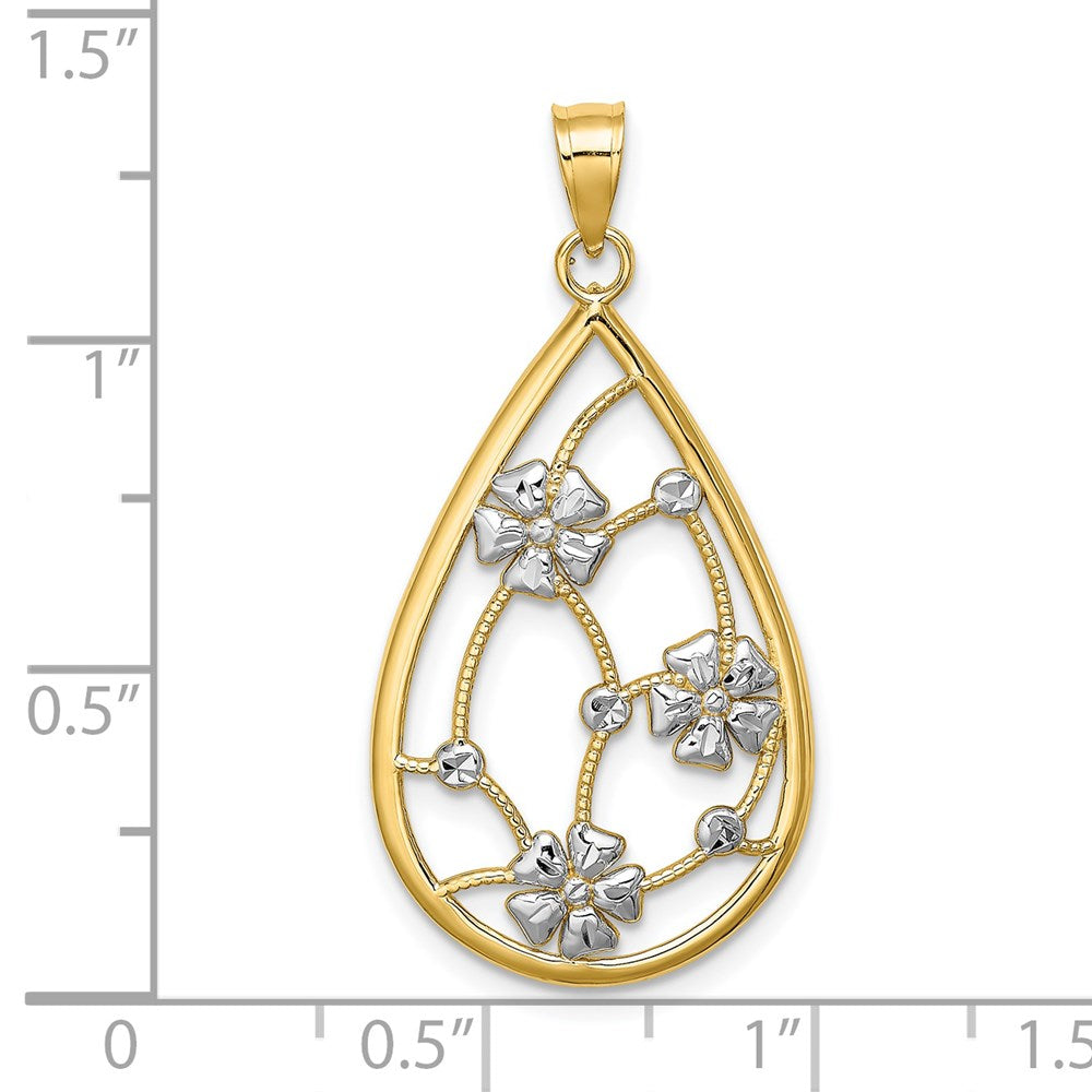 Charm aus 14K Gelb- und Rhodiumgold mit Weißrhodium-Blumen im Tropfenrahmen