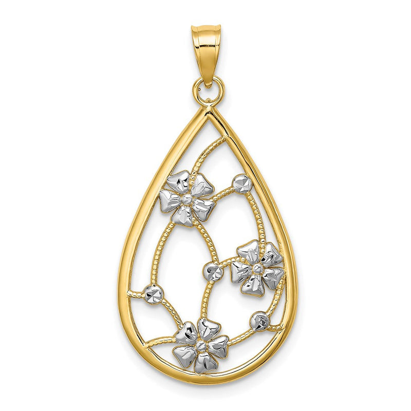 Charm aus 14K Gelb- und Rhodiumgold mit Weißrhodium-Blumen im Tropfenrahmen
