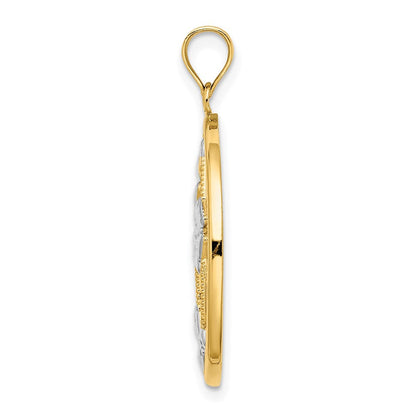 Charm aus 14K Gelb- und Rhodiumgold mit Blumen aus Weißrhodium in perlenbesetztem rundem Rahmen
