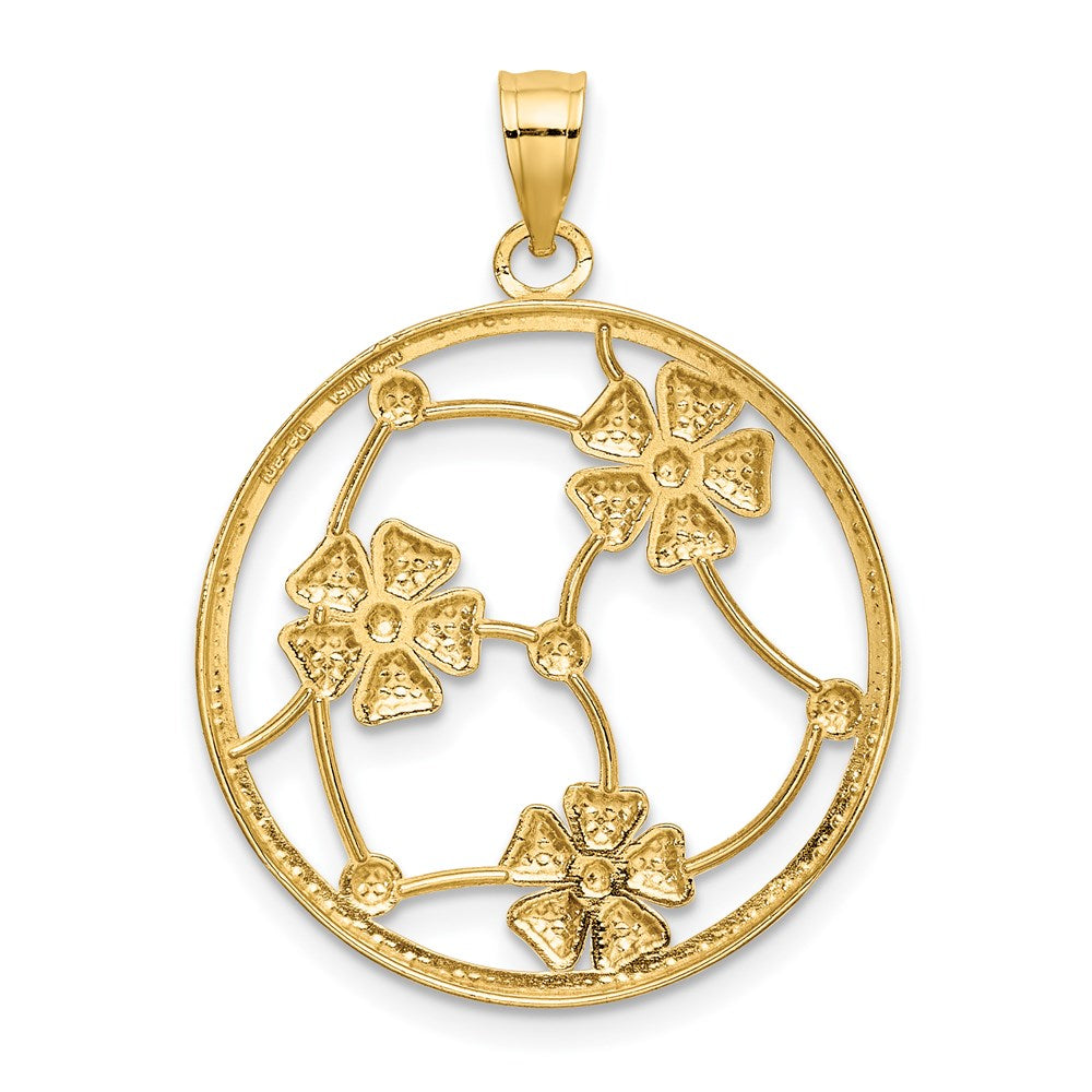 Charm aus 14K Gelb- und Rhodiumgold mit Blumen aus Weißrhodium in perlenbesetztem rundem Rahmen