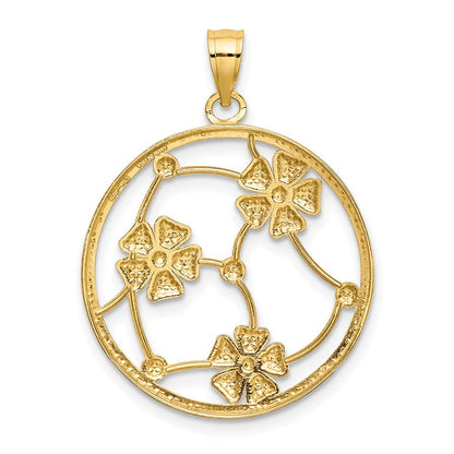Charm aus 14K Gelb- und Rhodiumgold mit Blumen aus Weißrhodium in perlenbesetztem rundem Rahmen