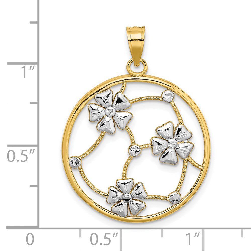 Charm aus 14K Gelb- und Rhodiumgold mit Blumen aus Weißrhodium in perlenbesetztem rundem Rahmen