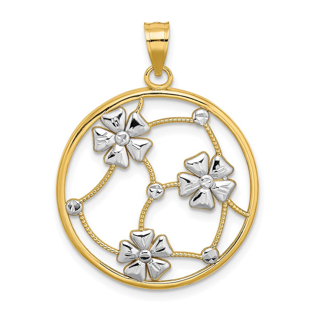 Charm aus 14K Gelb- und Rhodiumgold mit Blumen aus Weißrhodium in perlenbesetztem rundem Rahmen