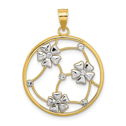 Charm aus 14K Gelb- und Rhodiumgold mit Blumen aus Weißrhodium in perlenbesetztem rundem Rahmen