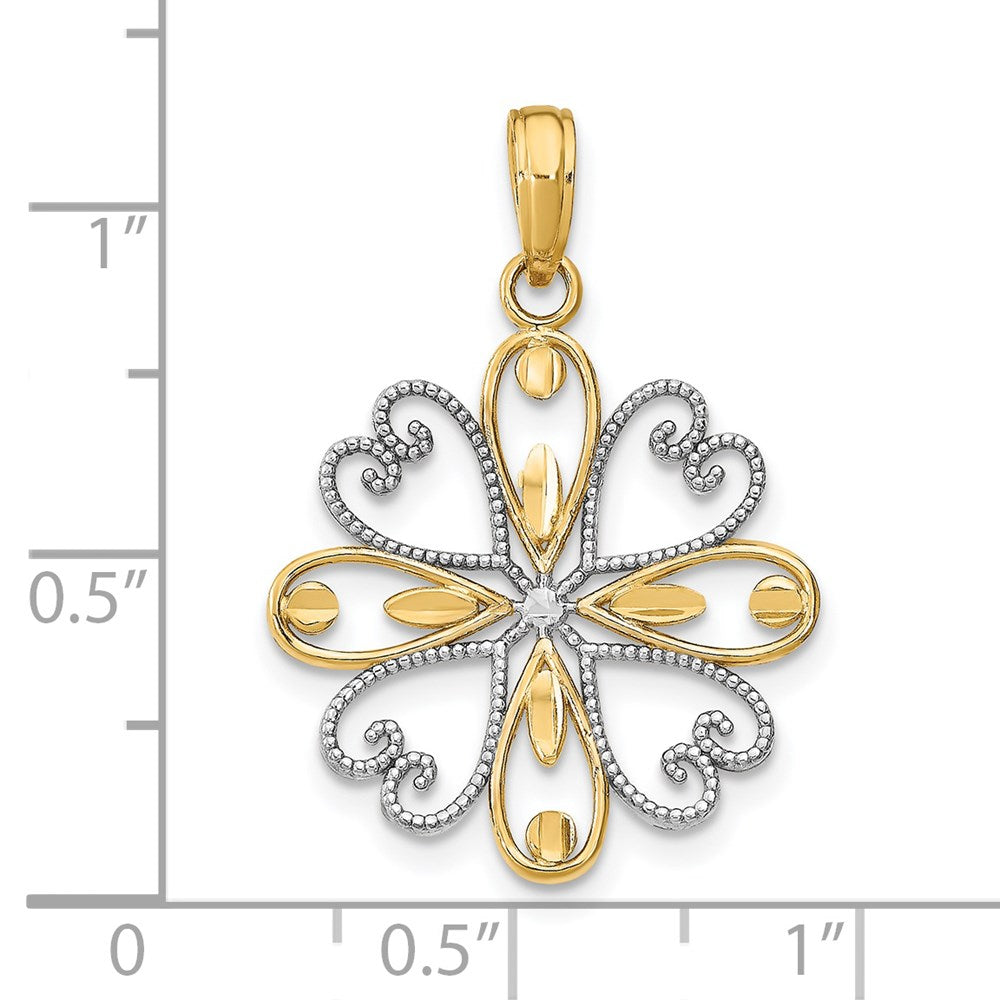 14K Gelb- und Rhodium-Gold mit Rhodium Perlenbesetzte Herzblütenblätter-Blumen-Charm