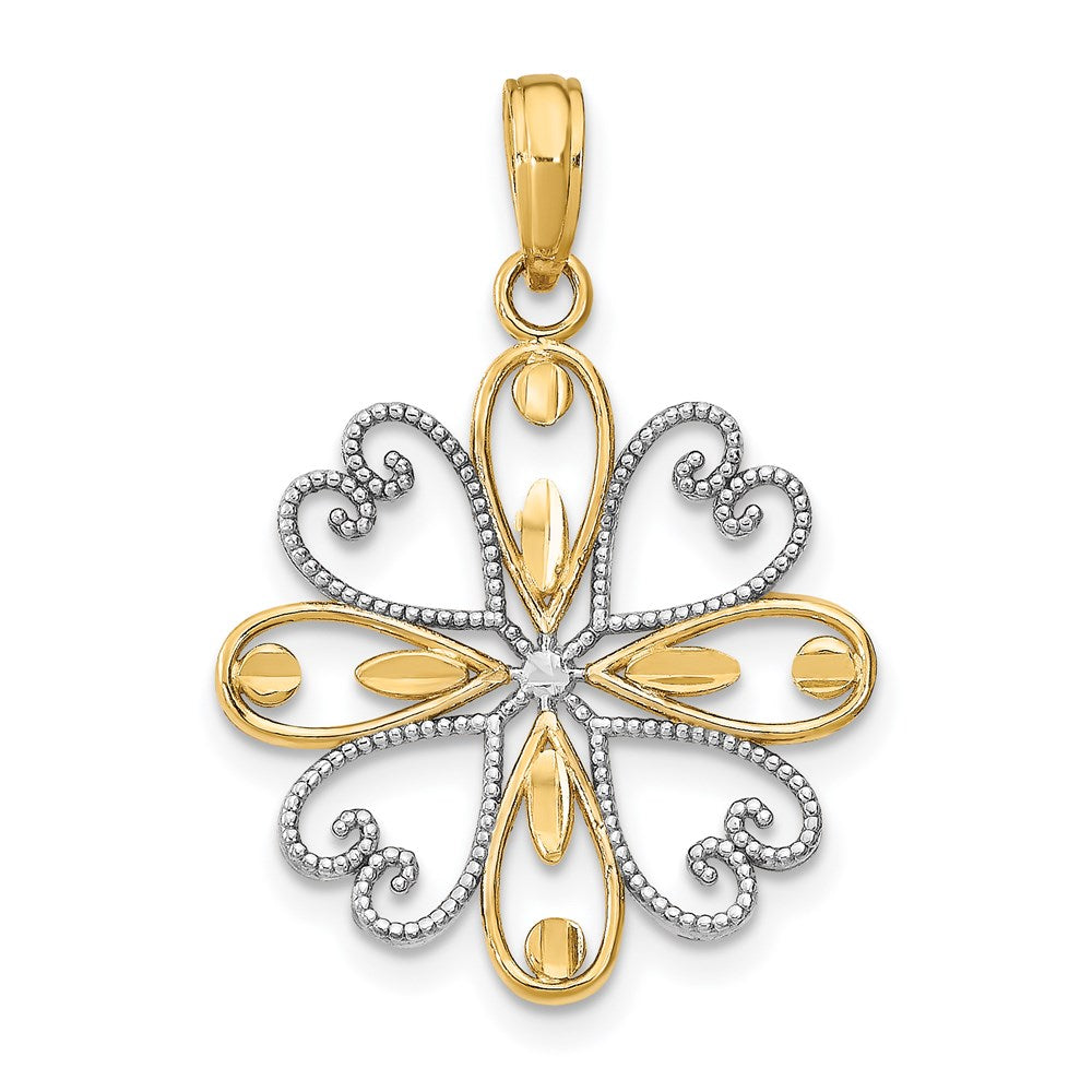 14K Gelb- und Rhodium-Gold mit Rhodium Perlenbesetzte Herzblütenblätter-Blumen-Charm
