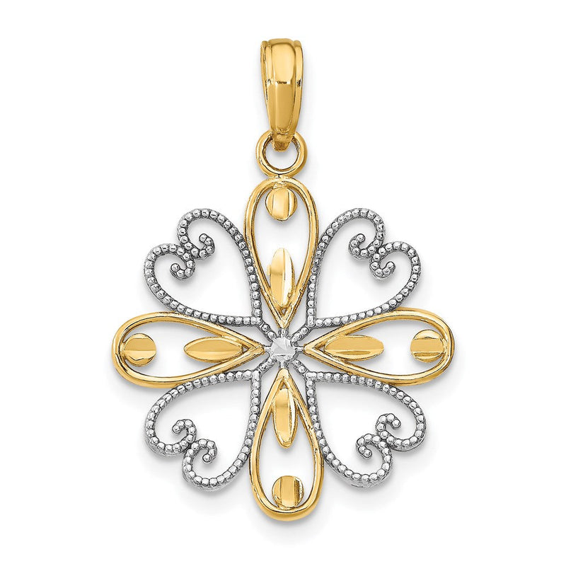 14K Gelb- und Rhodium-Gold mit Rhodium Perlenbesetzte Herzblütenblätter-Blumen-Charm