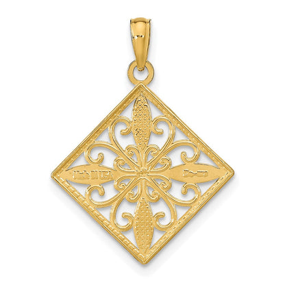 14K Gelb & Rhodium mit Rhodium Blume und Kreuz Quadratisch Charm