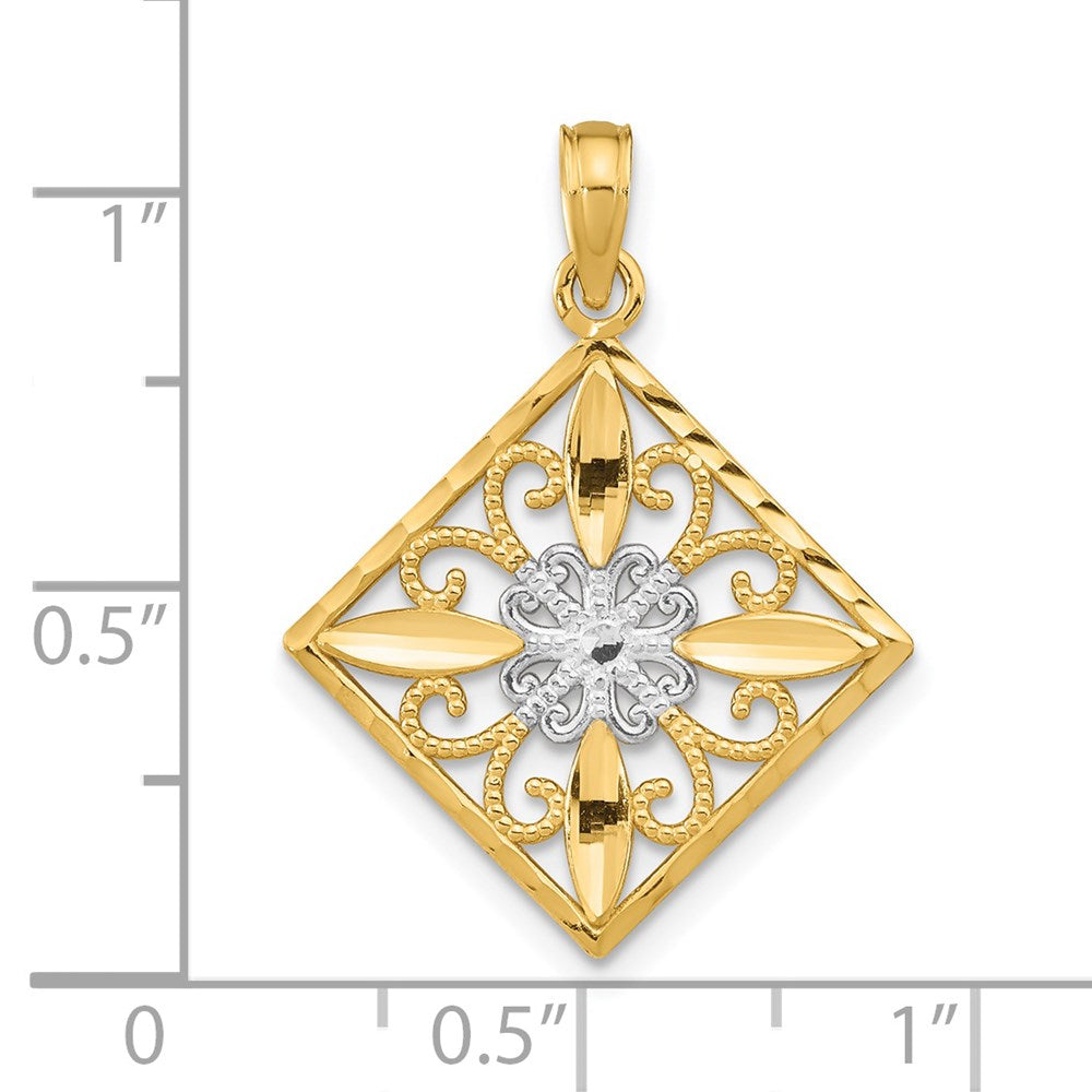 14K Gelb & Rhodium mit Rhodium Blume und Kreuz Quadratisch Charm