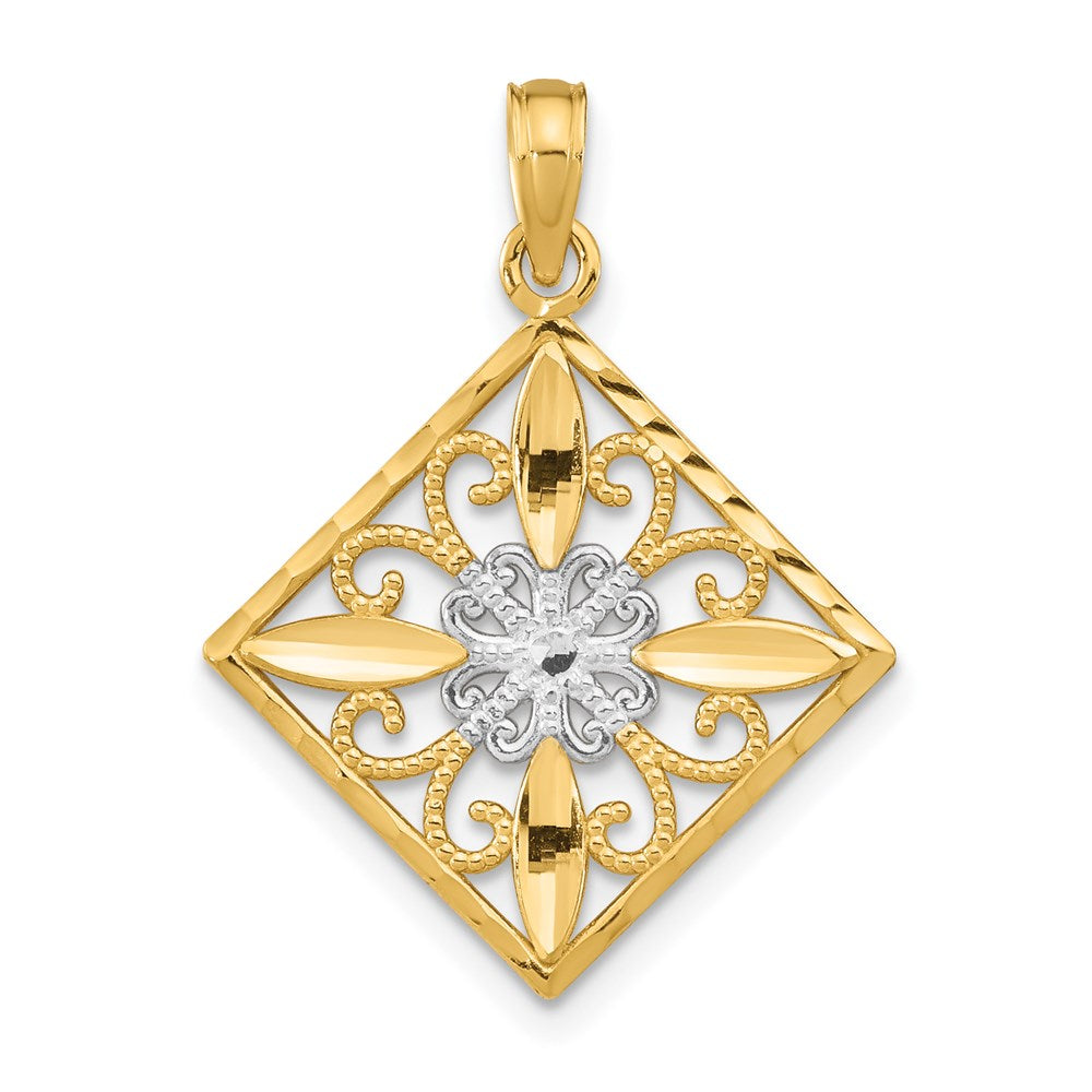 14K Gelb & Rhodium mit Rhodium Blume und Kreuz Quadratisch Charm
